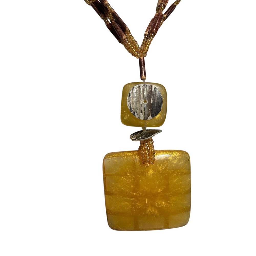 Boho Multi Strand Wood Bead Necklace Large Yellow Resin Pendant Statemen